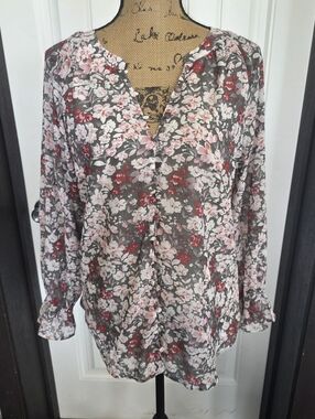 Floral V-Neck Long Sleeve Blouse - Pink & Gray M